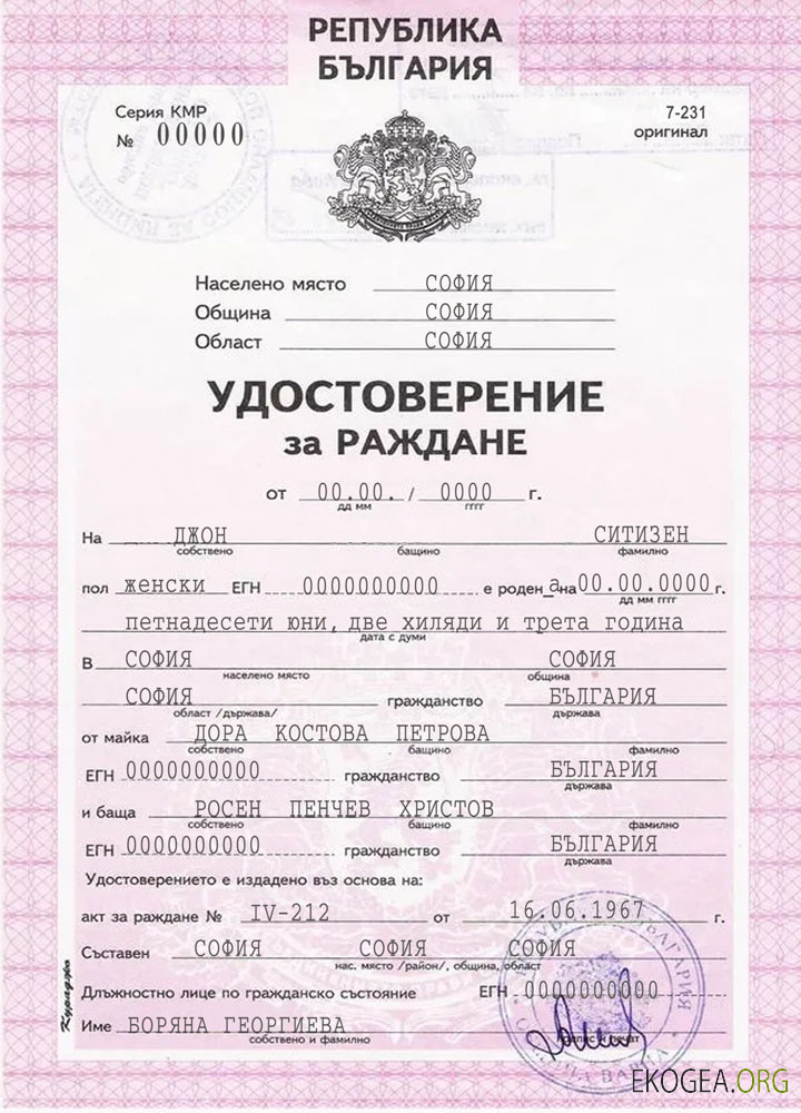 Acte de naissance en Bulgarie